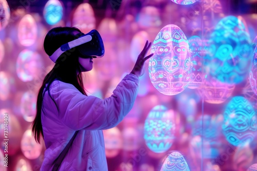 person immersed in virtual reality interacts with glowing patterned easter eggs in a bright and illuminated virtual space.