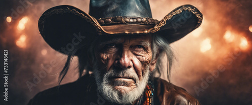Old cowboy. Elderly man wearing a cowboy hat. Heroic image of a man close-up. Grey hair. Dramatic story. AI generated
