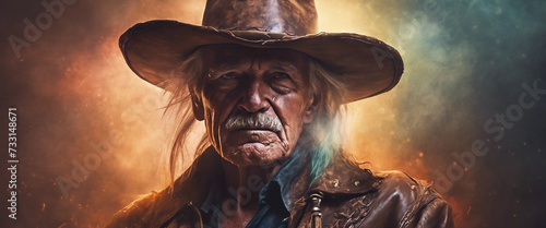 Old cowboy. Elderly man wearing a cowboy hat. Heroic image of a man close-up. Grey hair. Dramatic plot. AI generated