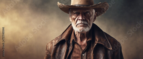 Old cowboy. An elderly man in a cowboy hat. Heroic image of a man. Blank space. AI generated