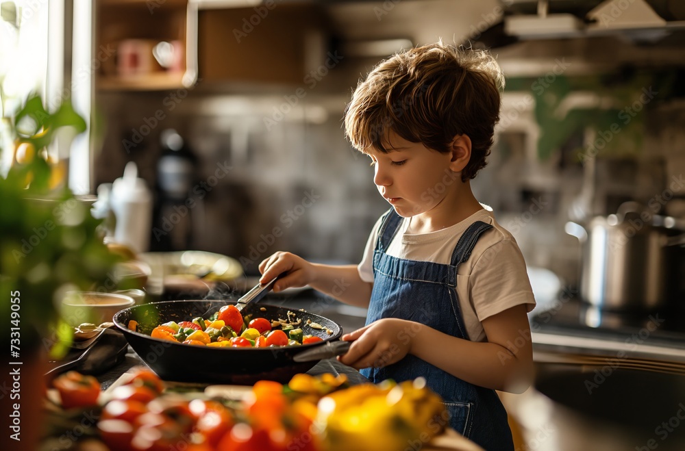 An 8-year-old boy focused on cooking dinner in a home kitchen, stirring a frying pan full of colorful vegetables