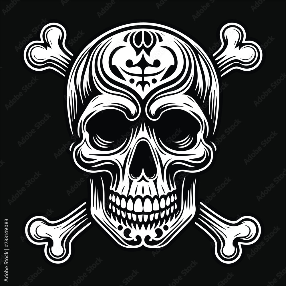 Dark Art Skull Head with Bone Black and White Illustration