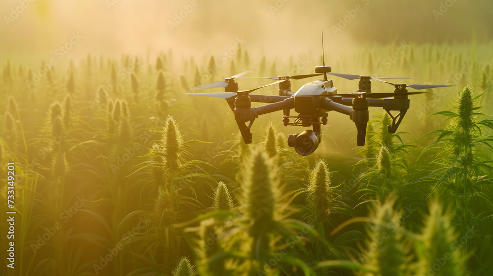 Advanced Agriculture Drone Camera Surveying Sustainable Hemp Crop at Sunrise - Precision Farming