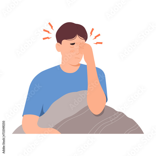 Man has a headache after waking up. Male has problems with insomnia and drowsiness. Suffering from poor sleep and feeling unrefreshed. Flat style vector