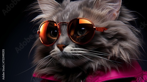 A stylish cat dons a fashionable dress and trendy sunglasses, exuding confidence against a vivid purple backdrop. Its modern fashion choices and cute charm make it a true trendsetter