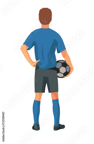 Figure of a boy football player in blue t-shirt standing from the back holding a ball in his hand