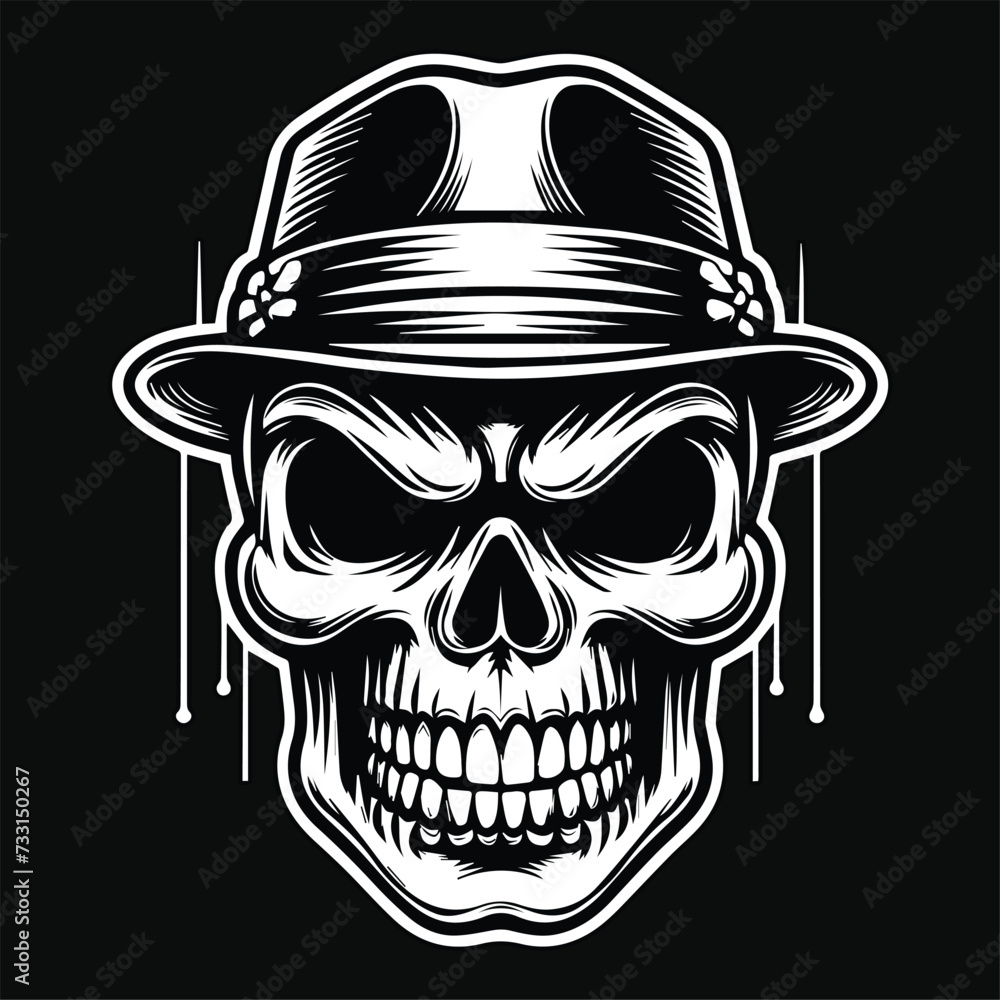 Dark Art Mafia Skull Head with Hat Black and White Illustration
