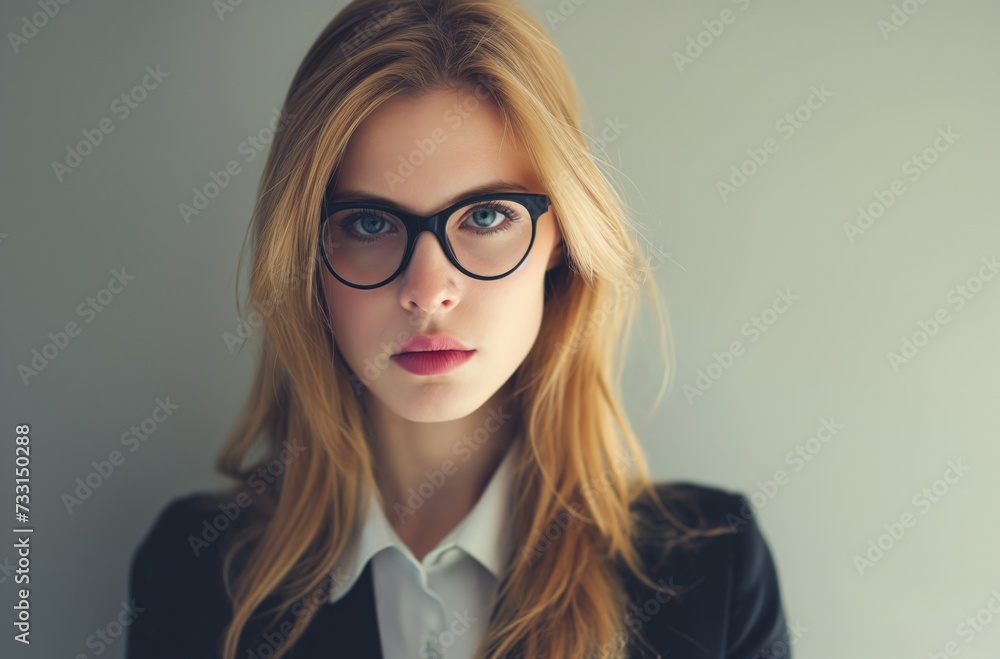 A 30-year-old British woman in professional attire and glasses