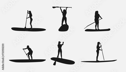 silhouette of SUP board. Stand up paddle boarding. isolated on white background. different action, pose, water sport, hobby, summer theme. vector illustration.