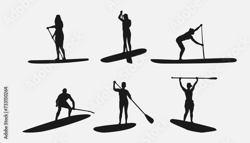 silhouette of SUP board. Stand up paddle boarding. isolated on white background. different action, pose, water sport, hobby, summer theme. vector illustration.