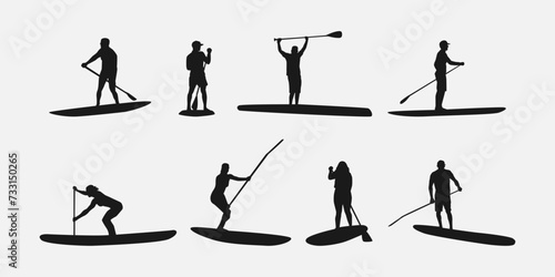 silhouette of SUP board. Stand up paddle boarding. isolated on white background. different action, pose, water sport, hobby, summer theme. vector illustration.