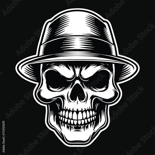 Dark Art Mafia Skull Head with Hat Black and White Illustration © morspective
