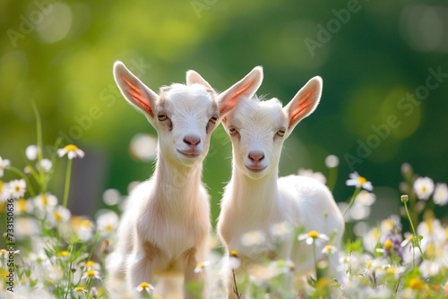 Two little funny baby goats playing in the ground 