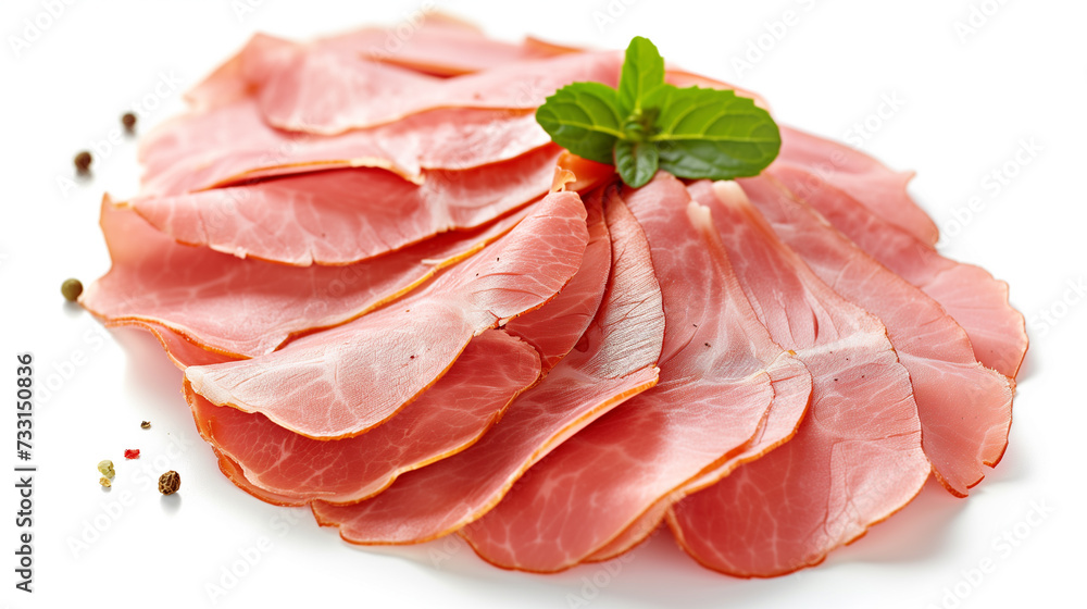 An elegant display of thinly sliced prosciutto garnished with fresh rosemary and scattered peppercorns, isolated on a white background.