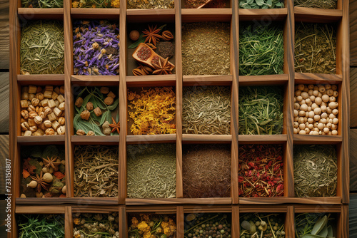 A wooden box with compartments for a variety of colorful and textured spices and herbs shows nature's palette.