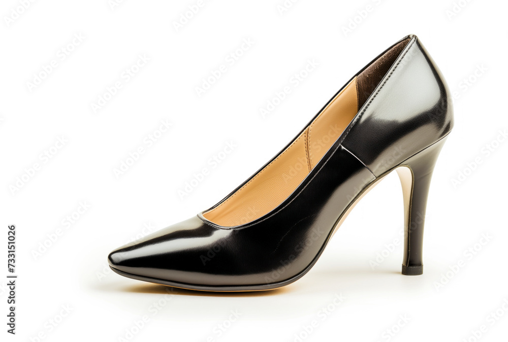 A stylish black high heel shoe, isolated on a white background. The shoe showcases its sleek design and glossy finish. It’s a symbol of modern fashion and elegance. A stylish black high heel shoe, isolated on a white background. The shoe showcases its sleek design and glossy finish. It’s a symbol of modern fashion and elegance.