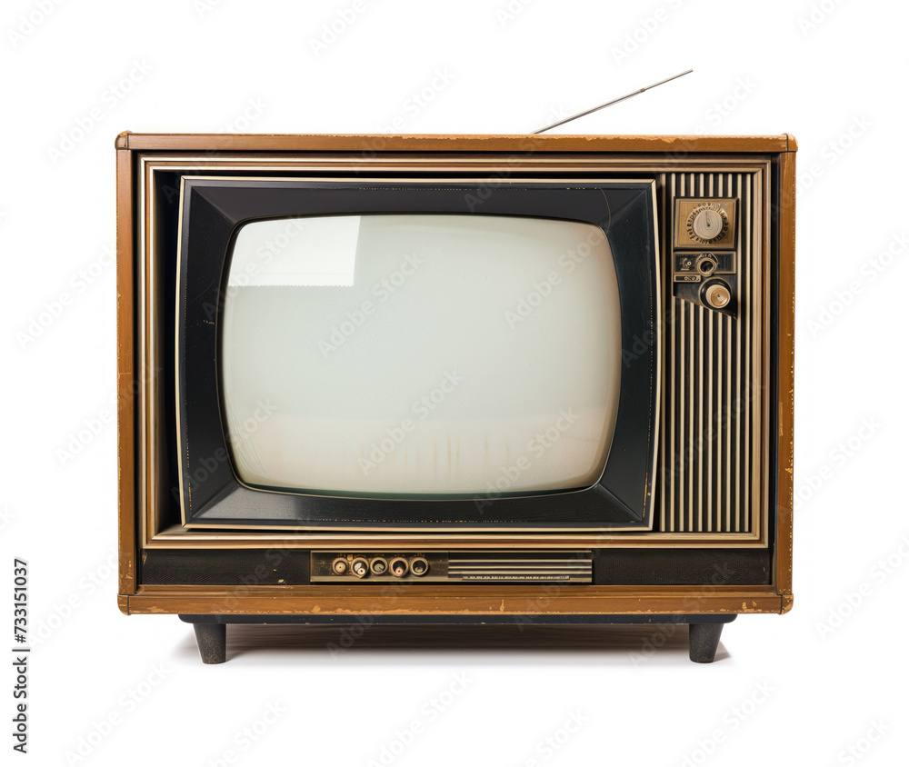 A classic vintage television with a wooden frame, black and white screen, isolated on a white background.