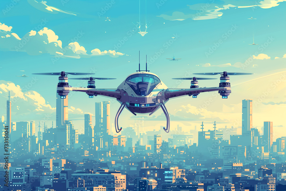 future flying car. An electric air taxi eVTOL soaring high above a cityscape future flying car. An electric air taxi eVTOL soaring high above a cityscape