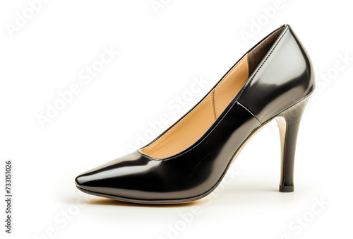 A stylish black high heel shoe, isolated on a white background. The shoe showcases its sleek design and glossy finish. It’s a symbol of modern fashion and elegance.
