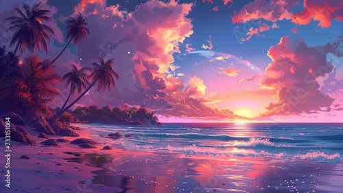 Tropical Sunset Resort  A Flat Illustration  