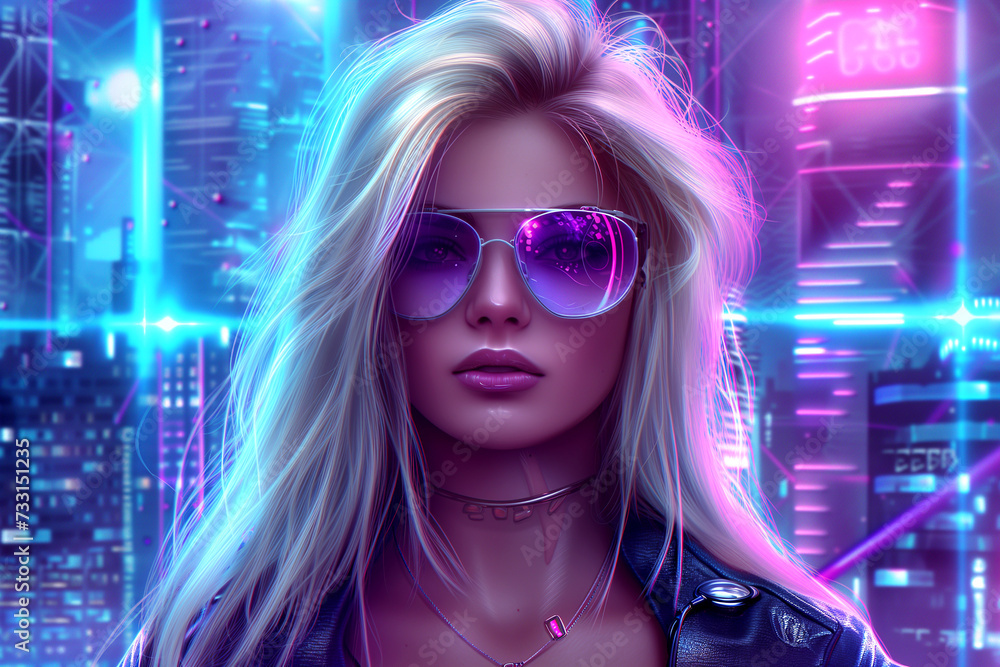 Portrait of a girl wearing digital glasses in cyberpunk style. Against the backdrop of the city in neon light. Future concept. Advanced digital technologies Portrait of a girl wearing digital glasses in cyberpunk style. Against the backdrop of the city in neon light. Future concept. Advanced digital technologies