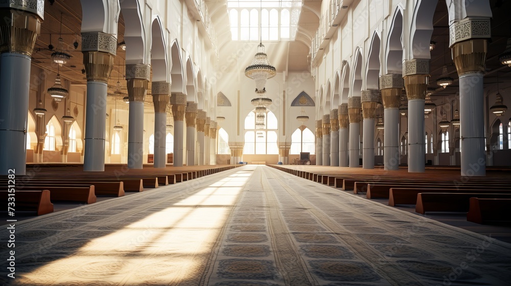 A peaceful mosque interior with rows of prayer mats