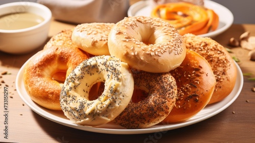 A plate of freshly baked bagels with a variety of toppings