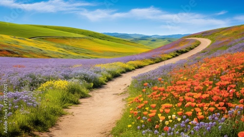 A road surrounded by fields of colorful wildflowers