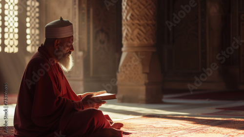 An old white bearded muslim scholar wearing traditional muslim outfit reading a book in an old mosque during holy month of Ramadan. Caliph classic era contemporary concept.
