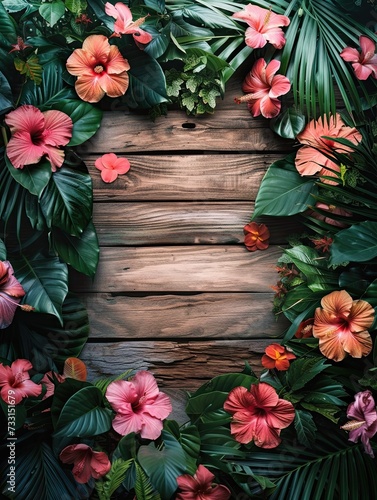 Wooden sign surrounded by tropical flowers and tropical foliage white background, vibrant colors 
