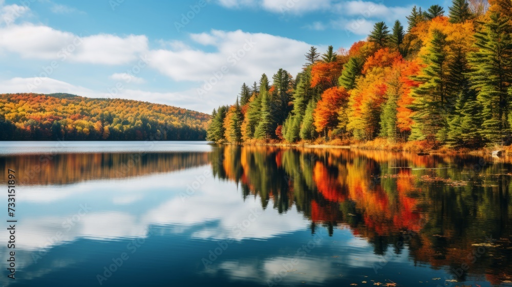 A serene lake surrounded by autumn foliage
