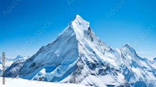 A snowcapped mountain peak against a clear sky