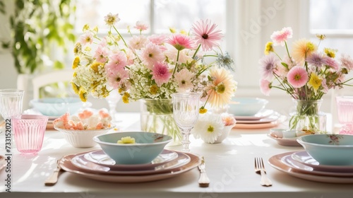 A springtime table setting with fresh flowers and pastels