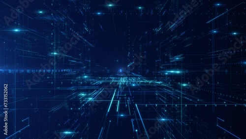 Technology Digital Data Network, An intricate visualization of a digital data network, Features background with dynamic light streams representing connectivity and high speed data transfer.