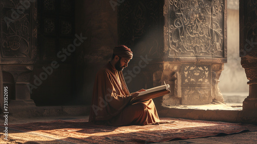 A young muslim scholar wearing traditional muslim outfit reading a book in an old mosque during holy month of Ramadan. Caliph classic era contemporary concept. photo