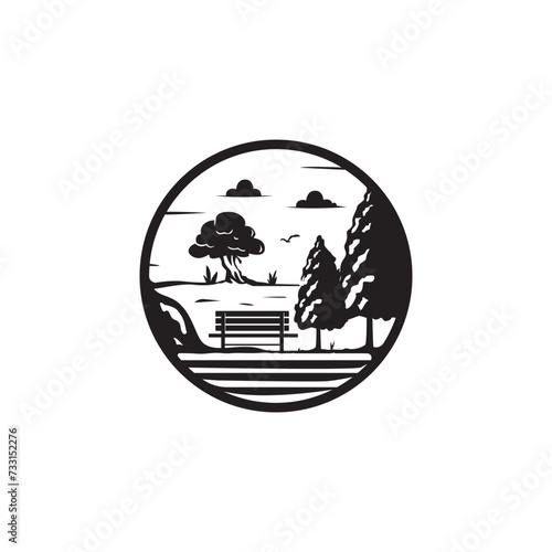 vintage retro wooden bench with pine hemlock evergreen tree landscape nature park logo design