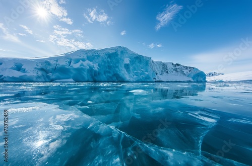 Transparent ice with detailed cracks on the Greenlandic surface, alongside a large, smooth iceberg under a clear sky with intense sunlight
