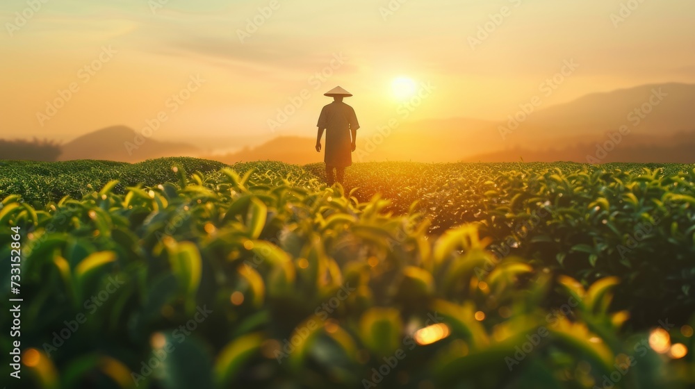 Fototapeta premium man with hat walking through a tea field at sunrise