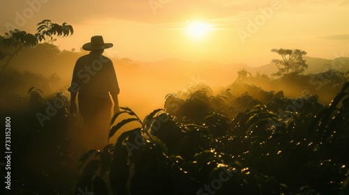 man with hat walking through a coffee field at sunrise