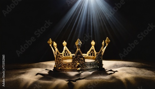 vertical photo for posters and banners a crown on a black background is highlighted with a golden beam one to one low key image of a beautiful queen fantasy of the medieval period game thrones photo