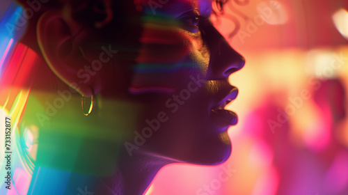 closeup profile view of woman at a pride festival. Pride flag with rainbow colours