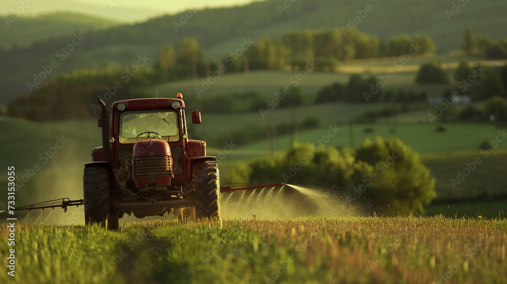 Fototapeta premium Tractor spraying pesticides fertilizer on soybean crops farm field