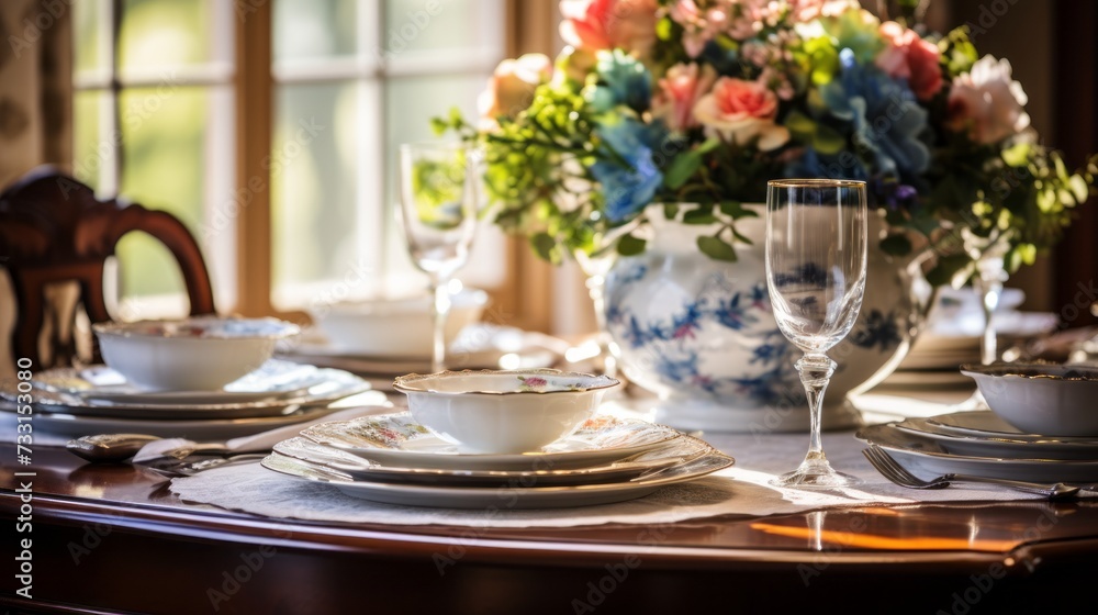 An elegant dining table set with fine china and elegant glassware An elegant dining table set with fine china and elegant glassware