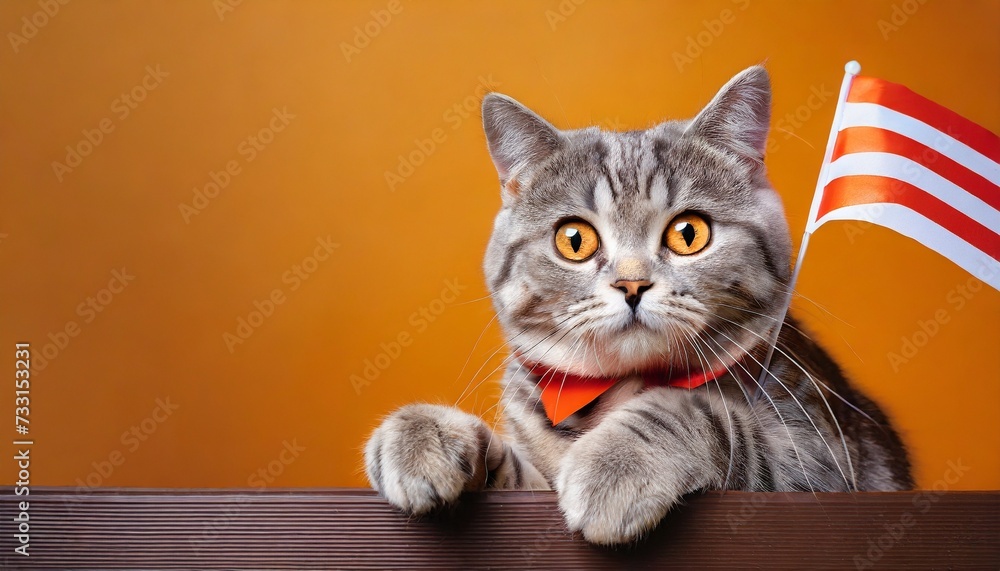 portrait of a cat scottish straight with a banner in paws on a orange background