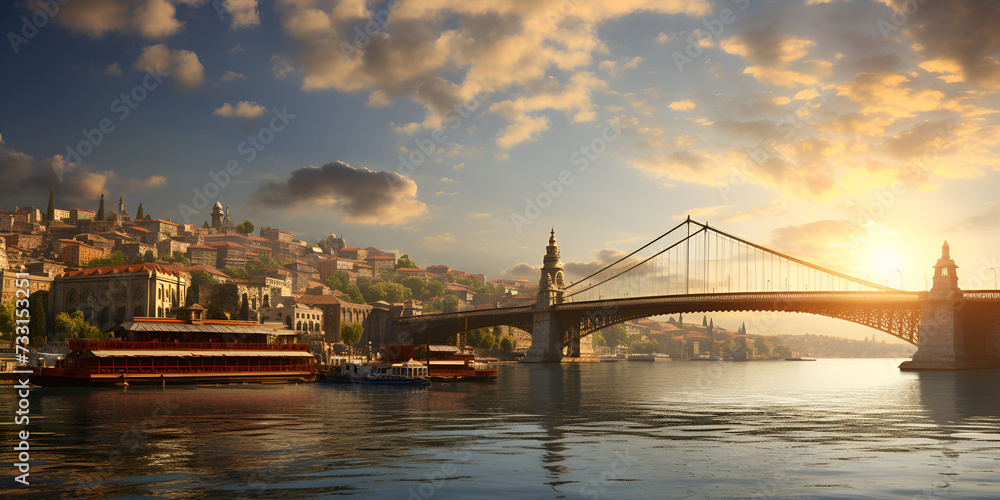 bridge over the river at sunset, Beautiful sunset in Istanbul Turkey with a panoramic view,  the Bosphorus Bridge and a cloudy blue sky, Generative AI