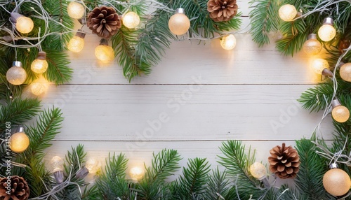 christmas lights bulb and pine leaves decoration on white wood plank frame border design merry christmas and new year holiday background top view