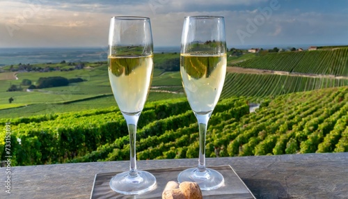 tasting of brut and demi sec white champagne sparkling wine from special flute glasses with champagne vineyards on background near cramant france photo