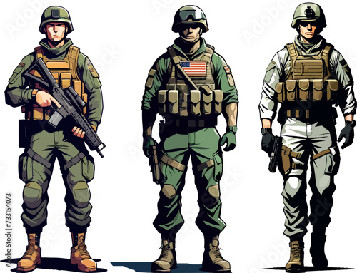 Set of american military soldiers. Soldier, officer, marine, trooper, specops. Vector flat illustration on white background, isolated.