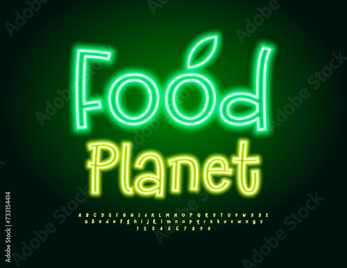 Vector Neon Emblem Food Planet.  Funny Glowing Font. Modern Electric Alphabet Letters and Numbers set.
