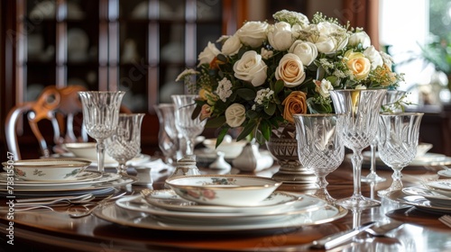 Elegant dining area set with fine china and fresh flowers, creating an atmosphere of refined hospitality